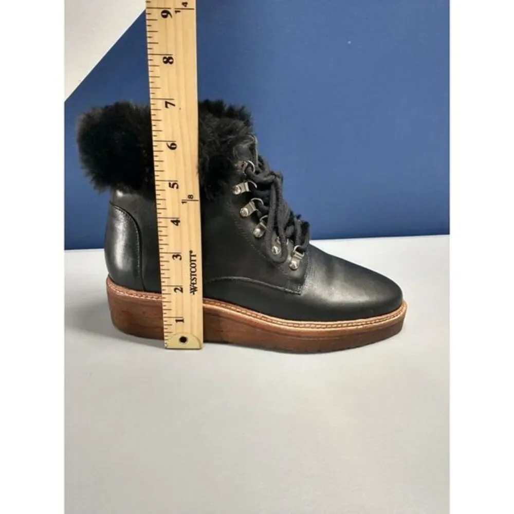 Botkier Winter Boots Womens Size 6 Black Leather Faux Fur Trim Round Toe Lace Up